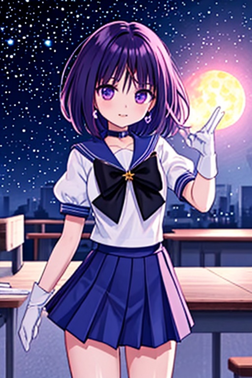 A beautiful and detailed illustration of Sailor Saturn,  a 6-year-old Japanese schoolgirl,  in a classroom setting. She ha...