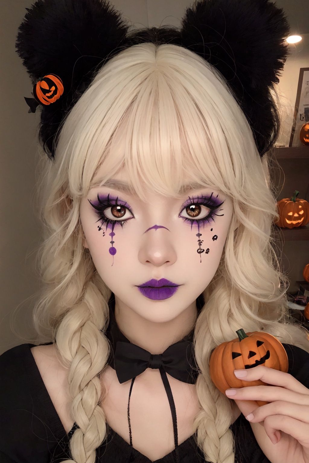  Best quality, 8k,1girl,Halloween Dressing,jack-o'-lantern, solo, facial mark, long hair, lips, looking at viewer, facepaint, exaggerated makeup, (Halloween Makeup), the whole body,