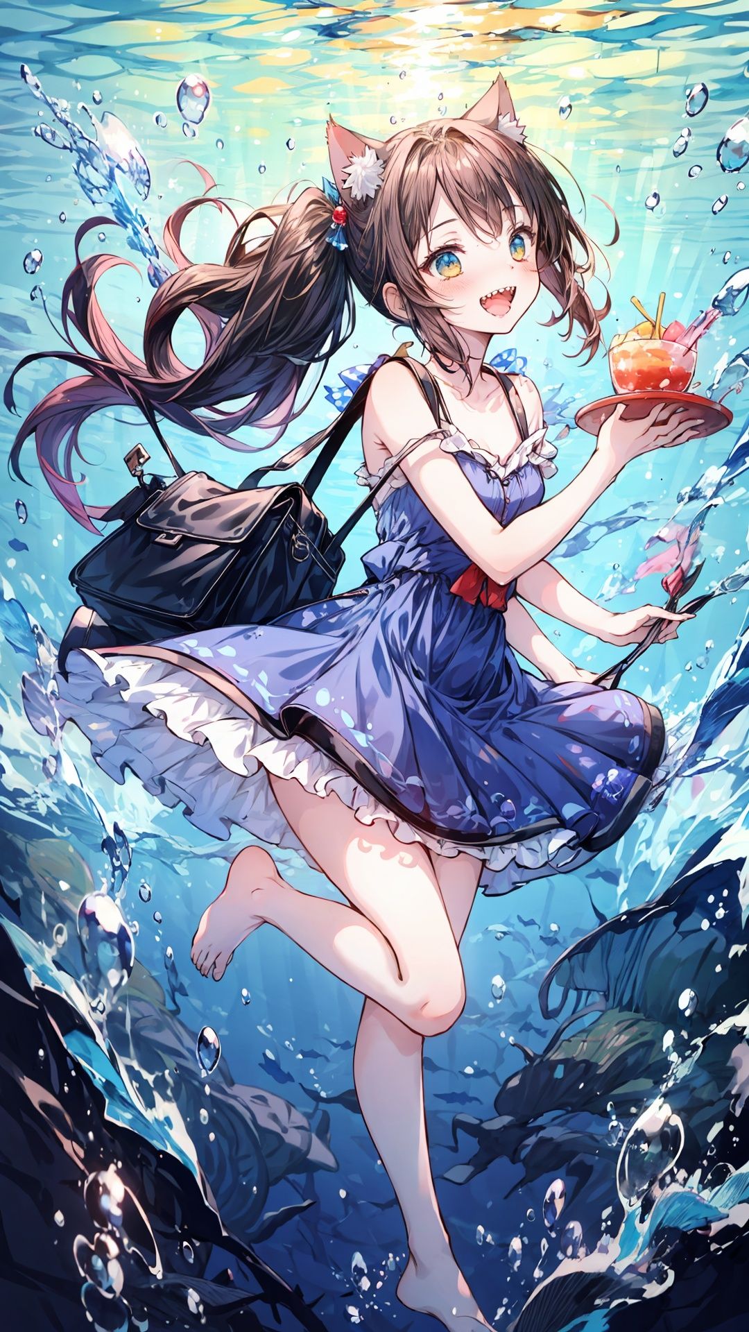  gura_neko, (loli:1),blue dress, cat ears, side ponytail, shoulder bag,qzqban,white background,barefoot,bare legs,sharp teeth,full body, watercolor,:d, qzqban,underwater, shuixia, 1girl, houtufeng