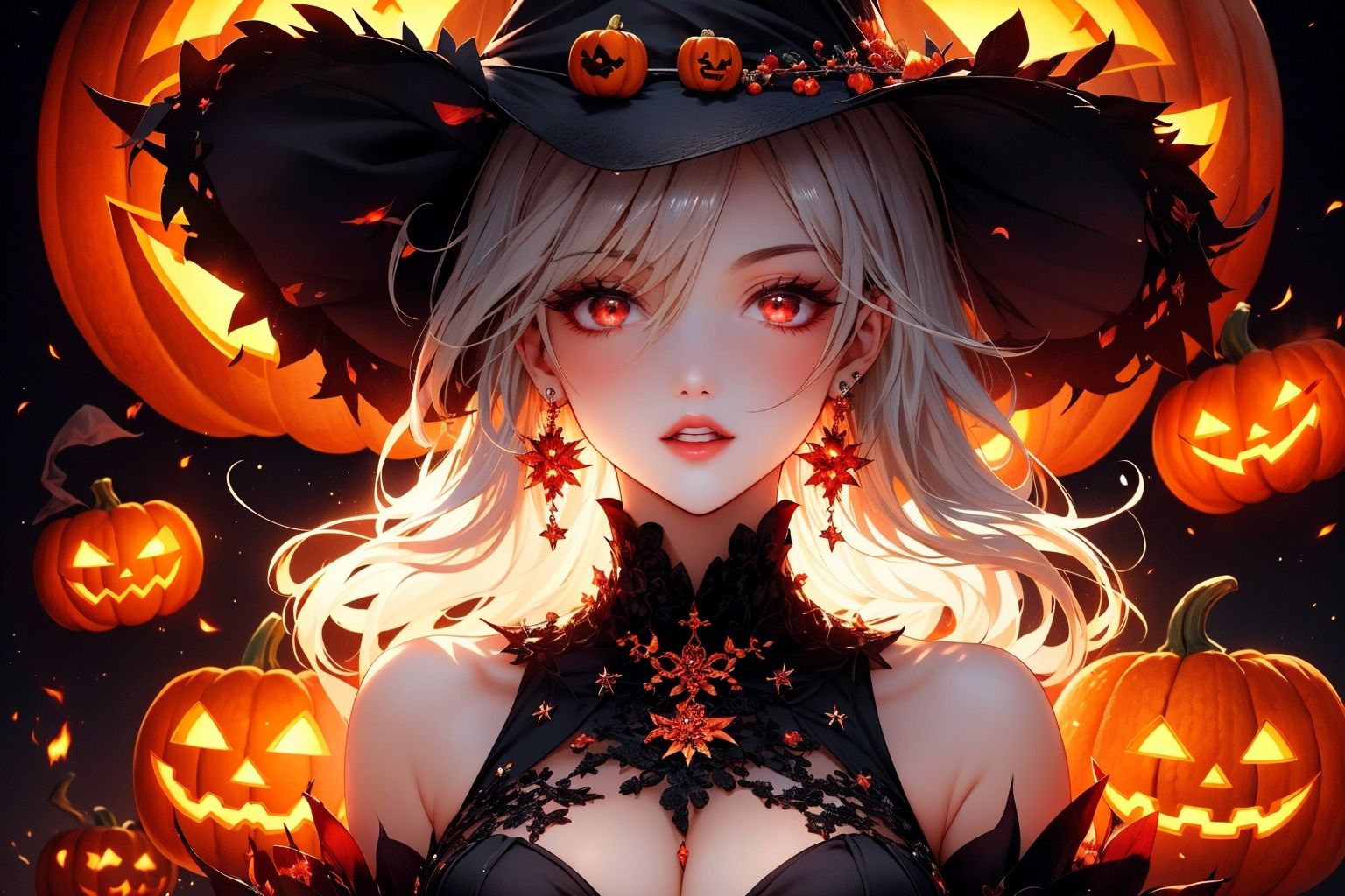 zichun, 1girl, solo, earrings, jewelry, hat, red eyes, jack-o'-lantern, pointy ears, looking at viewer, long hair, witch hat, halloween, upper body, dress, pumpkin, white hair, black dress, breasts, black headwear, glowing, bangs, closed mouth, witch, thorns, black background, lips, medium breasts, fire, artist name, english text,  zichun, <lora:EMS-63886-EMS:0.800000>