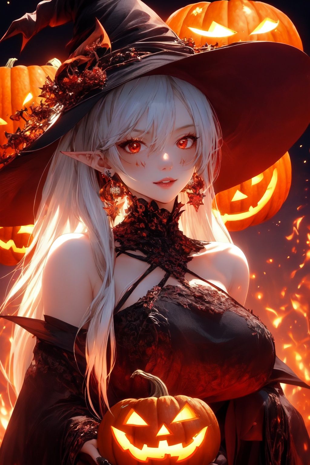zichun,1girl,solo,earrings,jewelry,hat,red eyes,mask,jack-o'-lantern,pointy ears,looking at viewer,long hair,witch hat,halloween,upper body,dress,pumpkin,white hair,black dress,breasts,black headwear,glowing,bangs,closed mouth,witch,thorns,black background,lips,medium breasts,fire,artist name,english text,