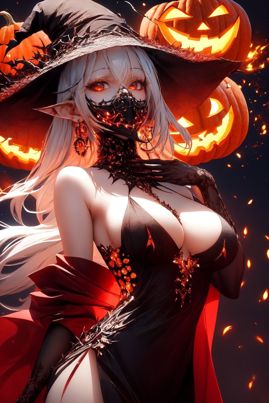 zichun,1girl,solo,earrings,jewelry,hat,red eyes,mask,jack-o'-lantern,pointy ears,looking at viewer,long hair,witch hat,halloween,upper body,dress,pumpkin,white hair,black dress,breasts,black headwear,glowing,bangs,closed mouth,witch,thorns,black background,lips,medium breasts,fire,artist name,english text,