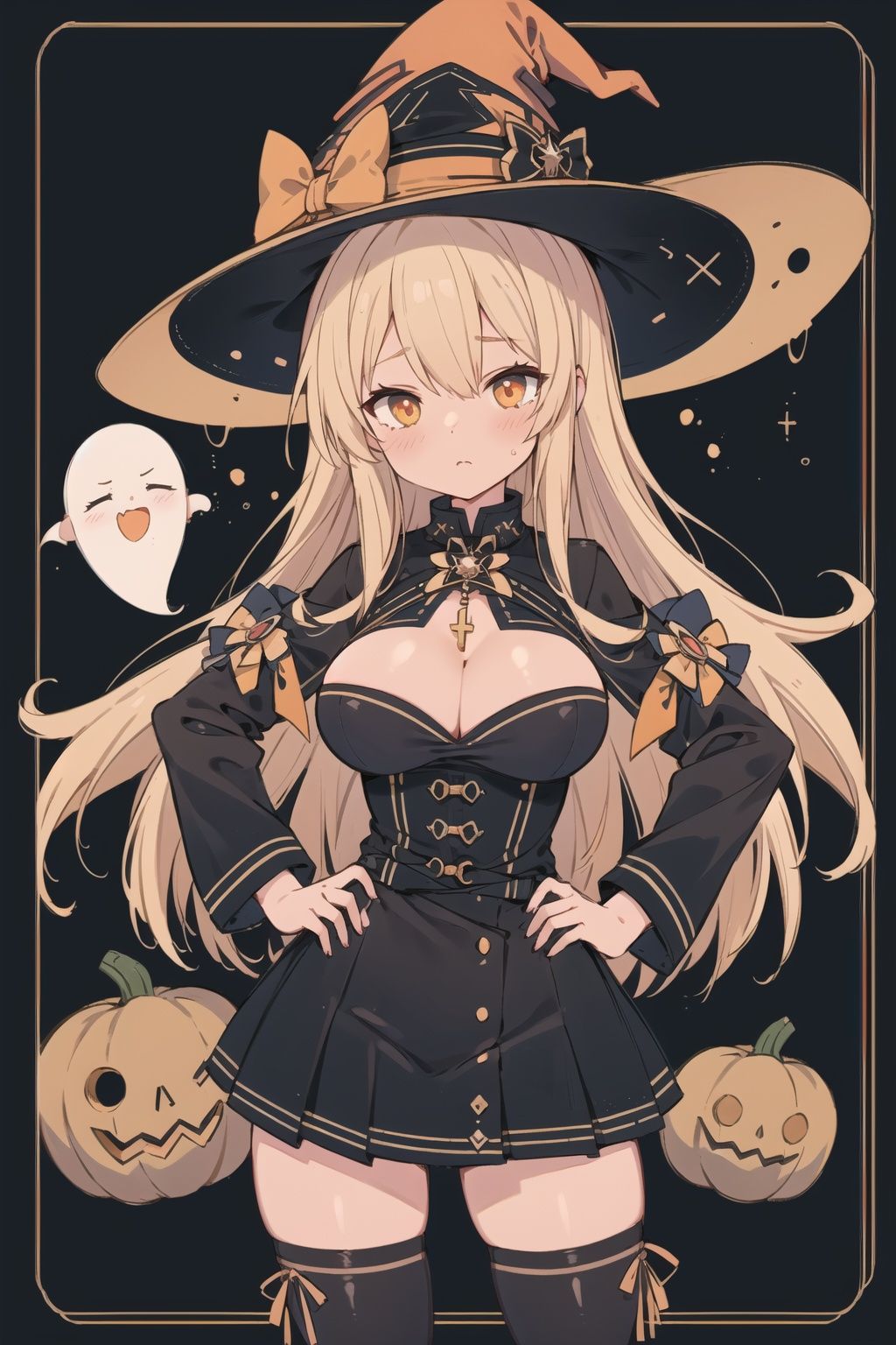 1girl,pumpkin, cowboy shot, witch, tall witch hat, thigh_highs, mini_skirt, large_hips, spooky, ghosts, Halloween, gigantic_breasts, cleavage cutout, blushing, long_hair, tiny-waist, High detailed, JaLanteen, secai