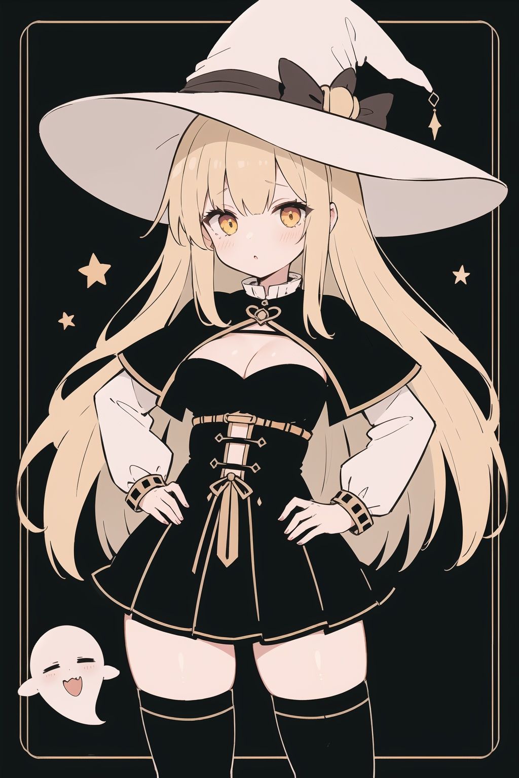 1girl,pumpkin, cowboy shot, witch, tall witch hat, thigh_highs, mini_skirt, large_hips, spooky, ghosts, Halloween, gigantic_breasts, cleavage cutout, blushing, long_hair, tiny-waist, High detailed, JaLanteen, secai