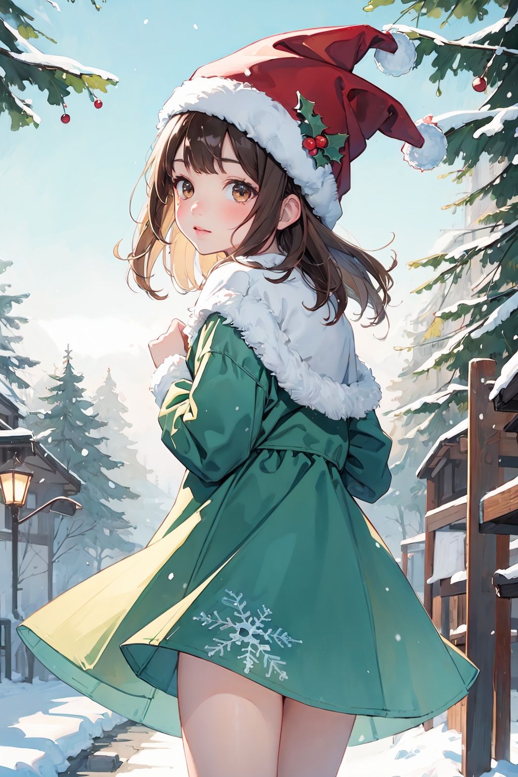 masterpiece, best quality,1girl, PIXIV, cute, msn, brown hair, brown eyes, christmas hat,secai, trees, snow, watercolor
