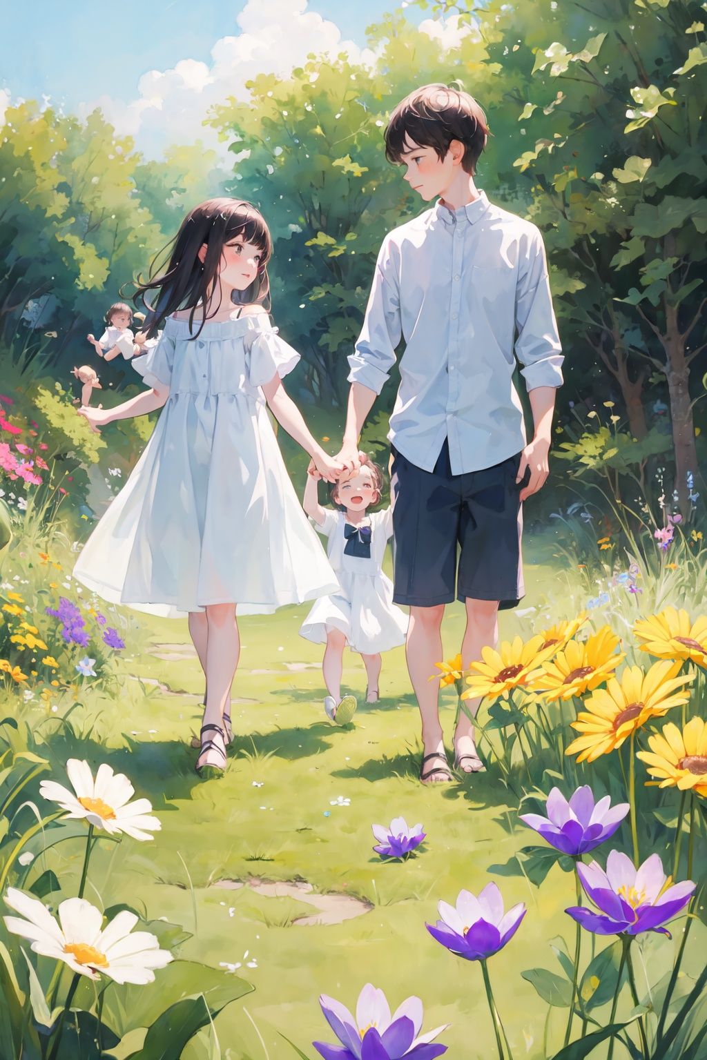  absurdres,incredibly absurdres,masterpiece,best quality,1girl,1boy,child,detail light,small animals,in spring,nature,action,kawaii,in a meadow,full-blown flowers,whole family,love,friend,play,lively,watercolor
