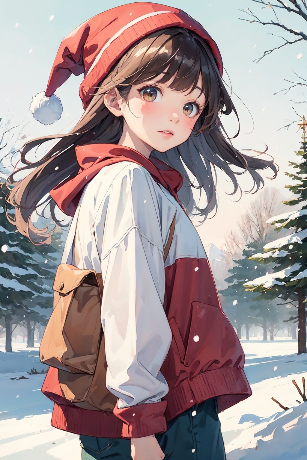 masterpiece, best quality,1girl, PIXIV, cute, msn, brown hair, brown eyes, christmas hat,secai, trees, snow, watercolor
