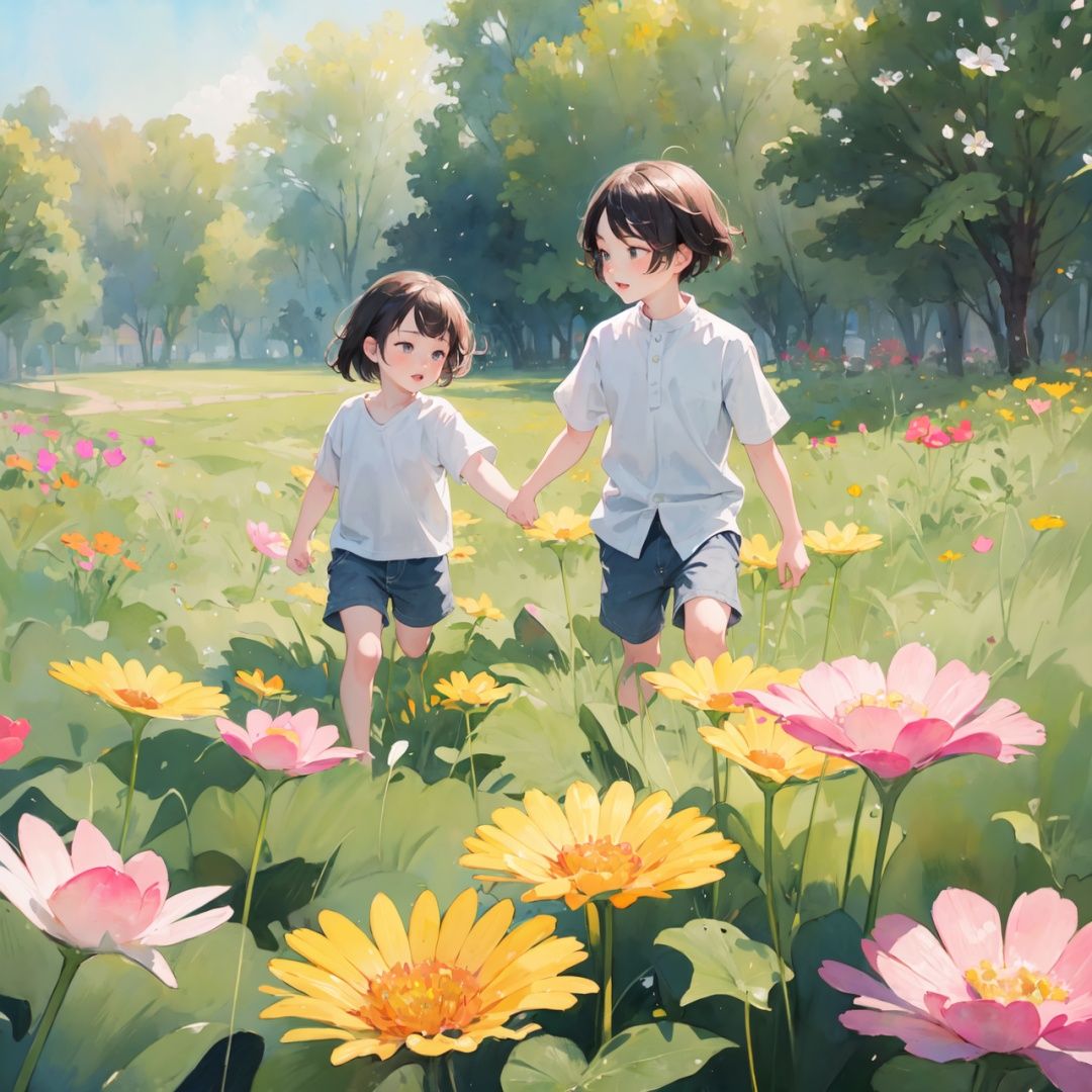  absurdres,incredibly absurdres,masterpiece,best quality,1girl,1boy,child,detail light,small animals,in spring,nature,action,kawaii,in a meadow,full-blown flowers,whole family,love,friend,play,lively,watercolor
