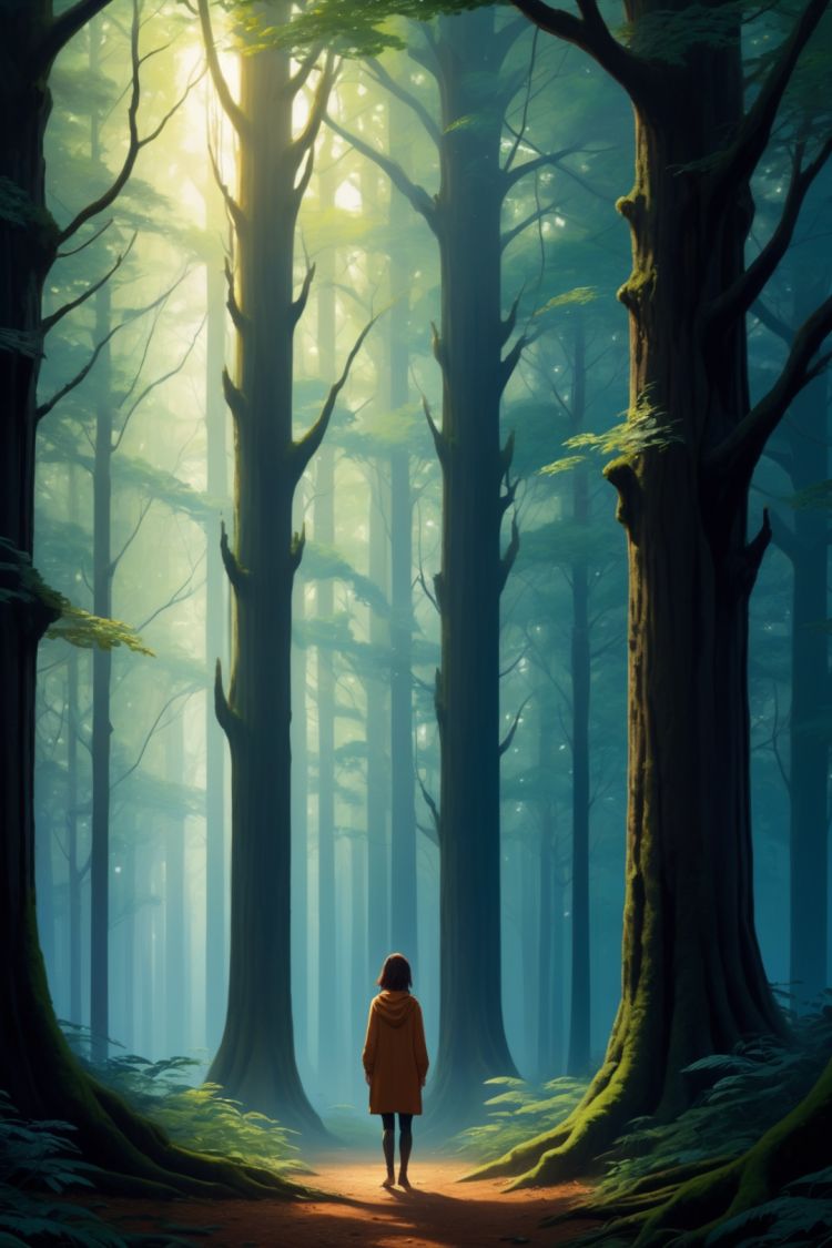  (illustration by antony gormley:0.8), 8K,HD,ultra detailed, dreamy perspective,a lady finds herself in a fantastic forest with towering trees radiating a mysterious light from their canopies. She walks down a path and encounters magical creatures and breathtaking plants, ultra detail, frosty anime stye
