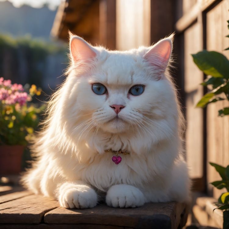  photographic of White Persian\(cat\), wooden table, garden, pink | yellow | blue flowers, morning sunrise, bokeh, surrealism, art photography, happy flower in hair. epic movie, soft natural lighting, silhouette light, absurd, amazing, funny, complex, super detailed, surreal, soft colors, national style, wildcat, cyborgs, pendants, bracelets. 35mm photograph, film, Leica 50mm f/1.8, professional, 4k, highly detailed