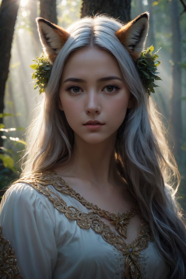  masterpiece, best quality, ultra high res, highly detailed,(woman, angel:1.3),(In the jungle the sun shines through the cracks:1.1),furry girl, anime furry women,((best quality)), ((masterpiece)), ((realistic)), (detailed), portrait, close up, young female, RAW photo, uhd, dslr,silver hair,high quality, realistic, photo realistic, dreamlikeart, lens flare, upper body, looking at viewer, animal focus, furry,fox fursuit,1girl, cute, kawaii, lovely, fur, fur head, fox head,narrow waist,fox ears,blush, paw, paw shoes,white fur clothes,Plush reflects light,no watermark signature,detailed background, woods, small lake with island, insanely detailed, visually stunning,pure,poor, cowboy shot, intricate, perferct shading, veil, beautiful, award-winning illustration, forest background, ethereal atmosphere, ultra quality, beautiful girl,forest concept,silver strings, rainbow skin,Mass of leaves,Sunlight filtered through the cracks in the dark forest,Clouds and mist wreathed the air,glowing space,infinity symbol, dynamic pose, flying pose, glowing body,beautiful angel, clockwork, lightning, majestic, Sky Fantasy