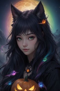  1 girl, Asian teenager, Halloween costume, masterpiece, best quality, ultra high res, highly detailed, psychedelic art (1.4), woman-demon (1.3), floating in dark mist (1.1), furry girl, anime furry women, (best quality), (masterpiece), (realistic), detailed, portrait, close up, young female, RAW photo, UHD, DSLR, rainbow hair, high quality, realistic, photo-realistic, dreamlike art, lens flare, upper body, looking at viewer, animal focus, furry, wolf fursuit, cute, kawaii, lovely, fur, fur head, wolf head, narrow waist, wolf ears, black choker, blush, paw, paw shoes, rainbow clothes, stunning gradient colors, no watermark signature, detailed background, woods, small lake with island, insanely detailed, visually stunning, wicked, hypnotic, alluring, cowboy shot, intricate, perfect shading, veil, beautiful, award-winning illustration, cosmic space background, ethereal atmosphere, ultra quality, beautiful girl, cosmic concept, rainbow strings, rainbow skin, rainbow bloody veins growing and intertwining out of the darkness, nailed wire, oozing thick blue blood, sharp neon, veins growing and pumping blood, vascular networks growing, green veins everywhere, yin and yang, glowing space, glowing stars, infinity symbol, dynamic pose, flying pose, glowing body, rainbow aura (1.1), beautiful angel, clockwork, lightning, majestic, breathtaking, guangying on face, jack-o'-lantern, witch hat, spider web, bats, haunted mansion, graveyard, full moon, eerie night sky, trick-or-treat bag, candy corn, spooky decorations, ghostly apparitions, pumpkin patch, creepy crawlies, scarecrow, witches' brew, cauldron, black cat, gothic elements, supernatural powers, magical spells, spellbinding enchantment