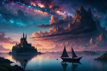  a painting of a castle on a island with a boat in the water and a bird flying over it, twilight sky with colored clouds and (galaxy:1.4) in the background, Andreas Rocha, matte fantasy painting, a detailed matte painting, fantasy art