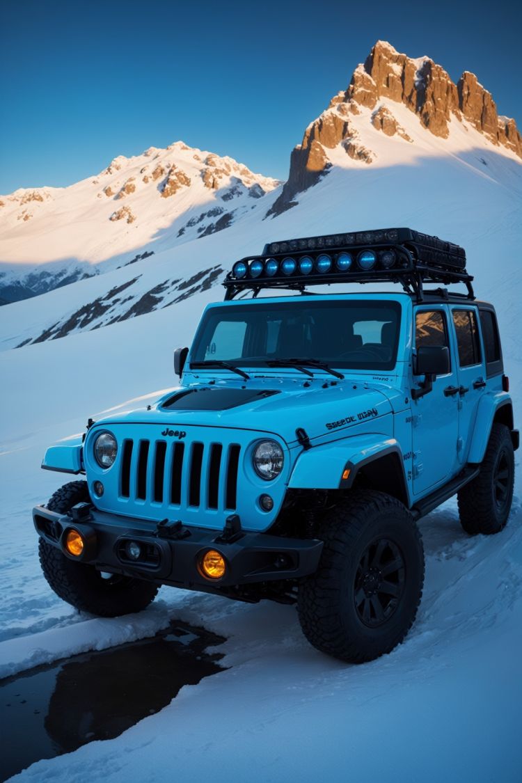  photographic of a Jeep car, snow mountain, epic photo, highly detailed, masterpiece, blue neon lights, cinematic angle, best quality, solo, bokeh, pixiv, depth of field