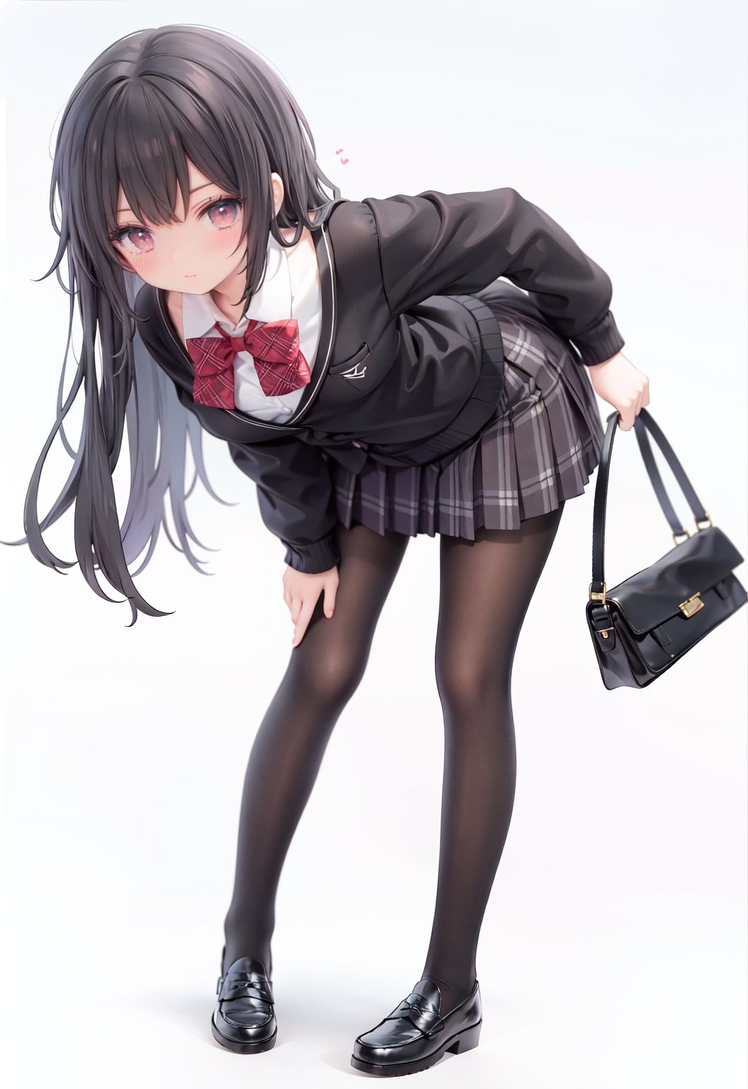  1girl, solo, pantyhose, skirt, long hair, loafers, shoes, simple background, school uniform, brown eyes, plaid, black pantyhose, plaid skirt, looking at viewer, black hair, pantyhose pull, full body, clothes pull, black footwear, pleated skirt, leaning forward, bangs, long sleeves, bent over, cardigan, bow, bowtie, standing, closed mouth, pulled by self, grey background, blush, miniskirt, red bow, sweater, **********