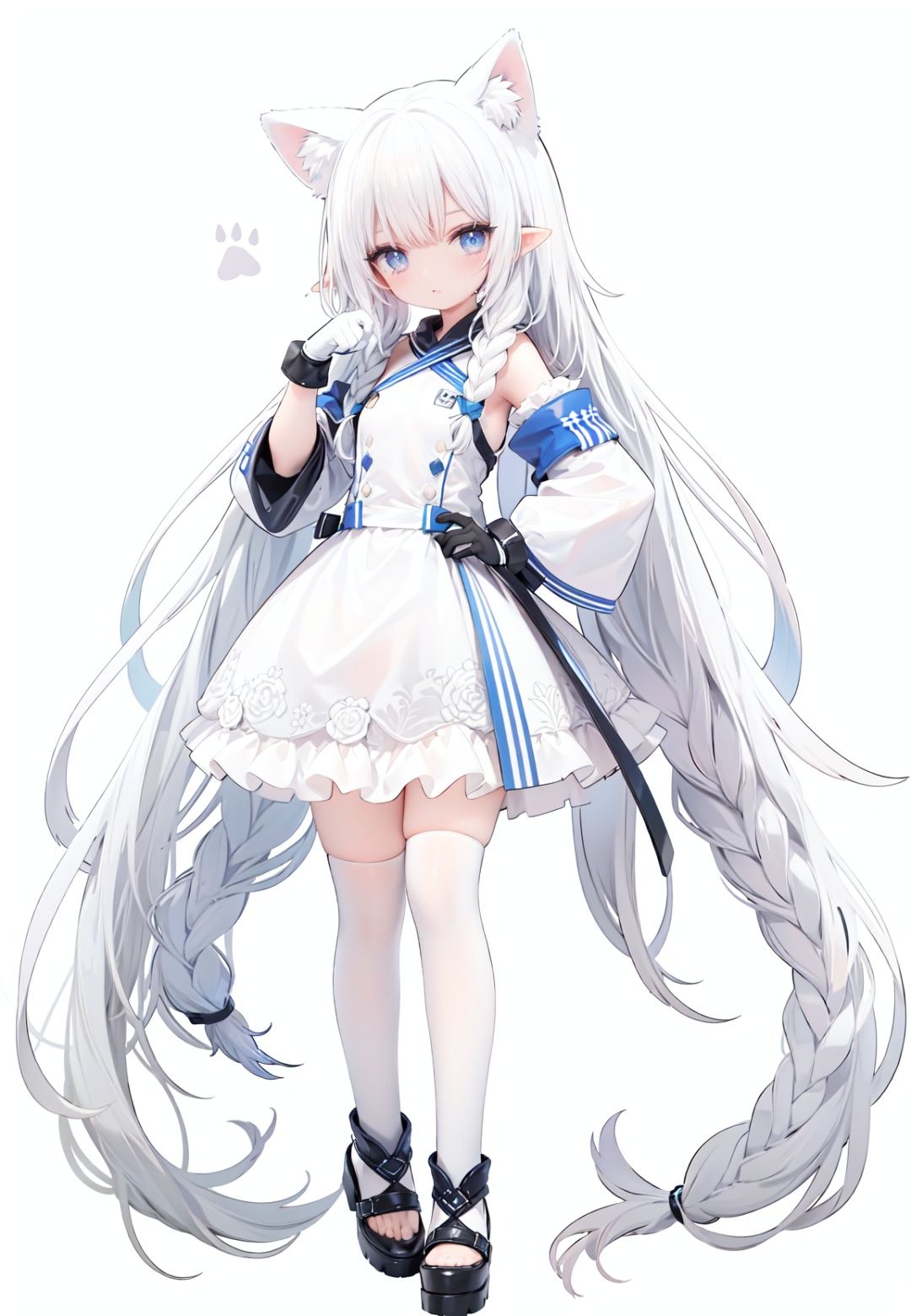  1girl, white_gloves, braid, full_body, gloves, long_hair, official_alternate_costume, pointy_ears, simple_background, solo, standing, very_long_hair, white_background, white hair, blue eyes, paw claw pose, open_mouth