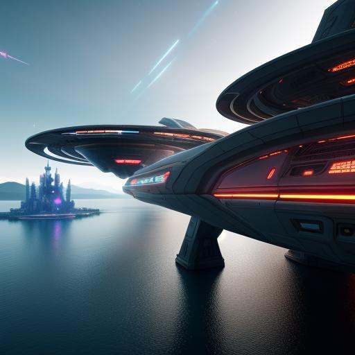 fantasy art,  cyberpunk starship landing over a lake,  photorealistic on Tensor.Art