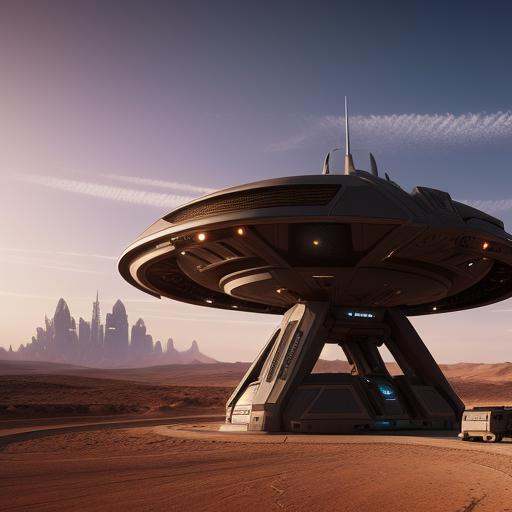 fantasy art,  long cyberpunk starship landing in the desert,  photorealistic on Tensor.Art