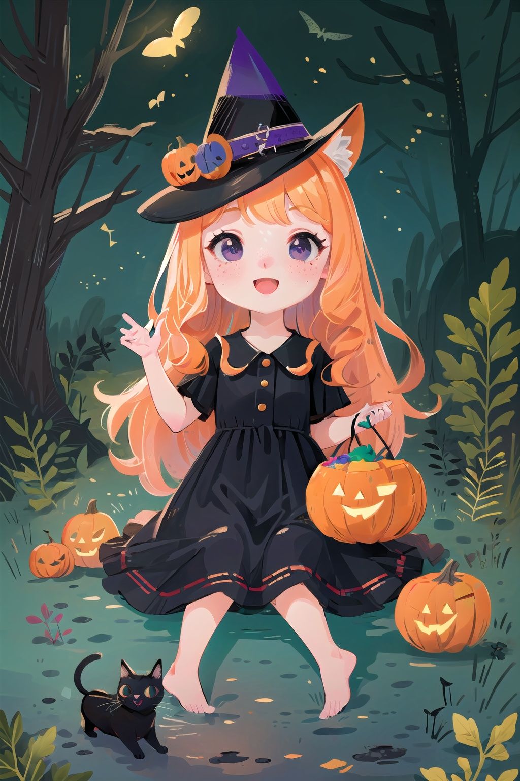  (((masterpiece))), ((extremely detailed CG unity 8k wallpaper)), best quality, high resolution illustration, Amazing, highres, intricate detail, (best illumination, best shadow, an extremely delicate and beautiful),

NYCuteHalloween, 1girl, hat, cat, witch hat, candy, freckles, food, black cat, witch, dress, halloween, smile, pumpkin, open mouth, sitting, outdoors, jack-o'-lantern, black eyes, solo, tree, purple dress, basket, barefoot, purple headwear, blush, night, :d