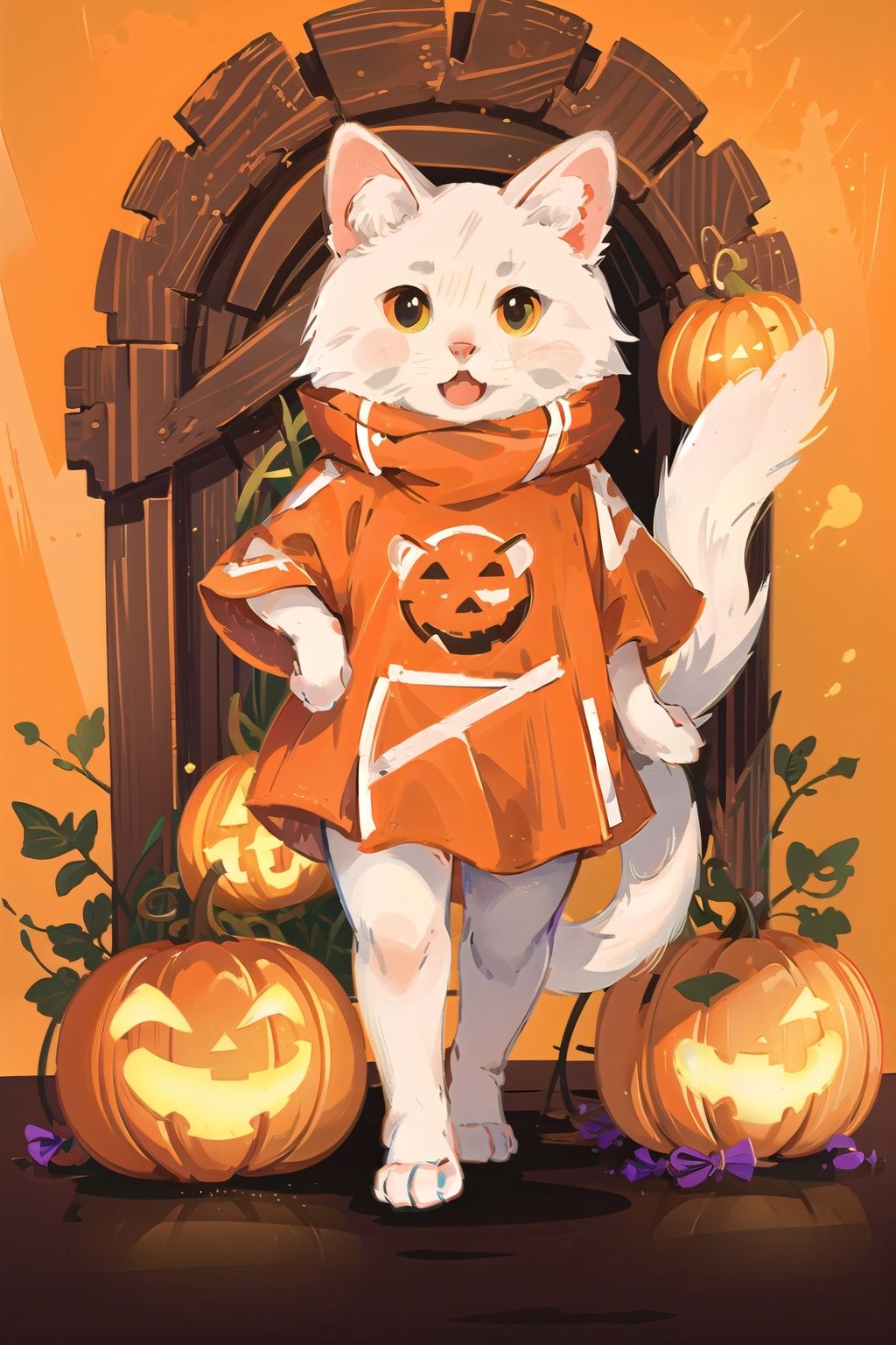  (((masterpiece))), ((extremely detailed CG unity 8k wallpaper)), best quality, high resolution illustration, Amazing, highres, intricate detail, (best illumination, best shadow, an extremely delicate and beautiful),

NYCuteHalloween, food, candy, no humans, ghost costume, simple background, halloween, jack-o'-lantern, orange background, pumpkin, halloween bucket, animal focus, halloween costume, standing, walking, tail, full body, animal, yellow background, open mouth