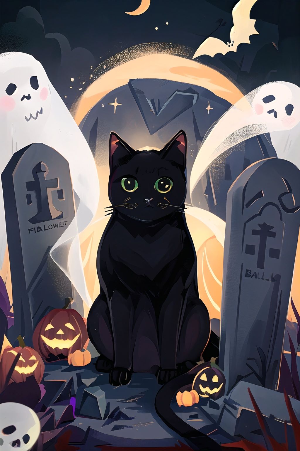  (masterpiece, best quality, high quality, real, realistic, super detailed,full detail,4k,8k),
NYCuteHalloween, cat, crescent moon, no humans, moon, black cat, ghost, sparkle, tombstone, :3, bat (animal), crescent, halloween, animal focus, looking at viewer