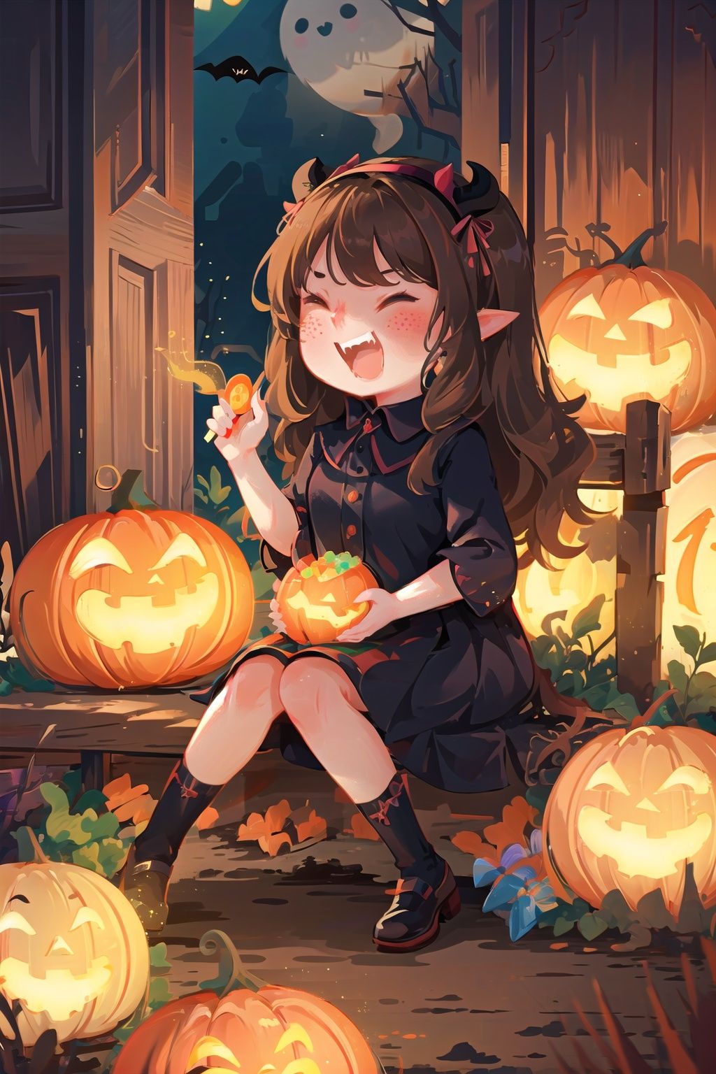  (((masterpiece))), ((extremely detailed CG unity 8k wallpaper)), best quality, high resolution illustration, Amazing, highres, intricate detail, (best illumination, best shadow, an extremely delicate and beautiful),

NYCuteHalloween, 1girl, cat, food, horns, fangs, bat (animal), hairband, jack-o'-lantern, black cat, closed eyes, candy, pumpkin, smile, halloween, open mouth, brown hair, freckles, ghost, sitting, holding, lollipop, chibi, animal, long hair, blush, holding food, ^_^, fake horns, happy, demon horns, dress, bangs