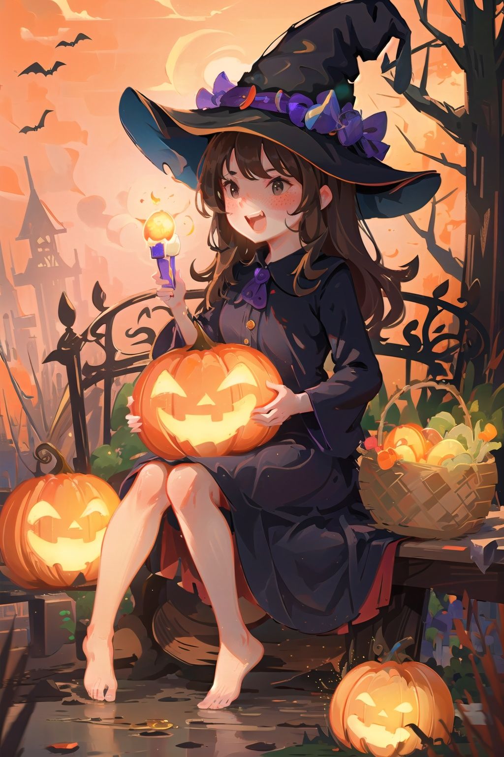  (((masterpiece))), ((extremely detailed CG unity 8k wallpaper)), best quality, high resolution illustration, Amazing, highres, intricate detail, (best illumination, best shadow, an extremely delicate and beautiful),

NYCuteHalloween, 1girl, hat, cat, witch hat, candy, freckles, food, black cat, witch, dress, halloween, smile, pumpkin, open mouth, sitting, outdoors, jack-o'-lantern, black eyes, solo, tree, purple dress, basket, barefoot, purple headwear, blush, night, :d