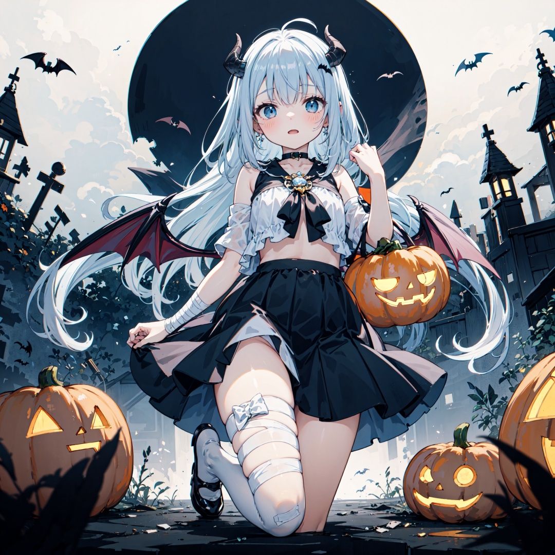  {masterpiece},1girl,jack-o'-lantern,will-o'-the-wisp (mythology),bandages,genie,ghost,candy,(long hair:1.2),halloween,halloween costume,hime cut,messy hair,floating hair,(demon wings:1.2), JaLanteen, cozy anime, wansheng, darktheme, WaHaa