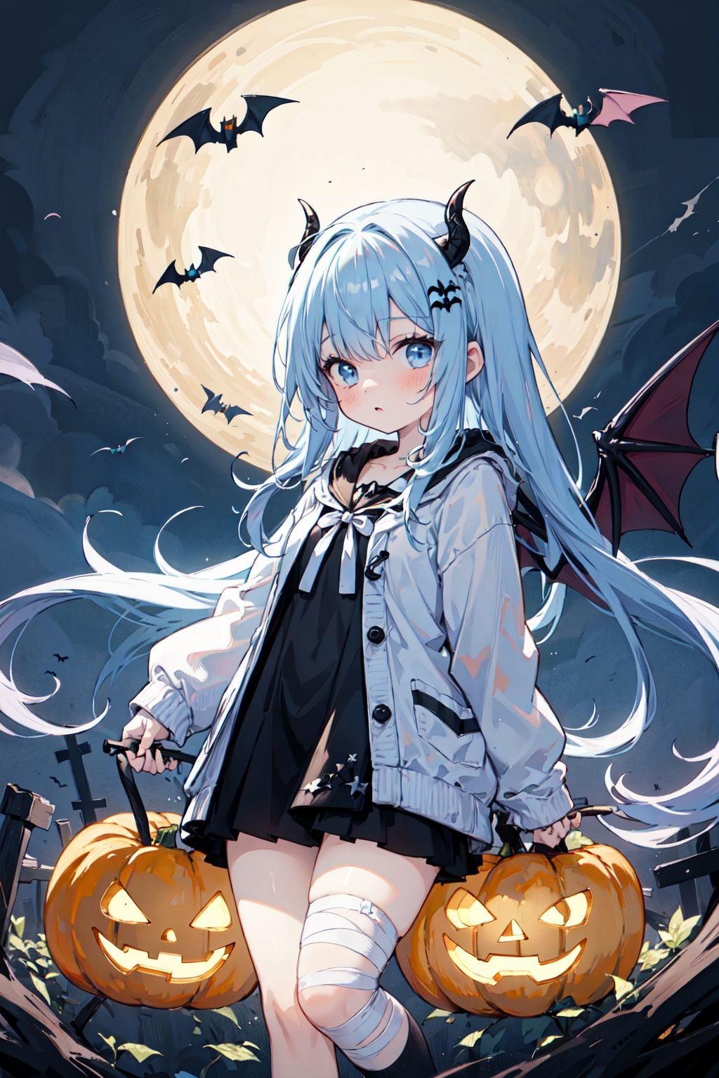  {masterpiece},1girl,jack-o'-lantern,will-o'-the-wisp (mythology),bandages,genie,ghost,candy,(long hair:1.2),halloween,halloween costume,hime cut,messy hair,floating hair,(demon wings:1.2), JaLanteen, cozy anime, wansheng, darktheme, WaHaa