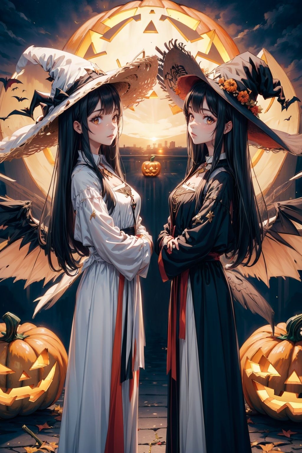  (Symmetrical split screen theme:1.2), 2girl, white angedress with white wings on the left, black devil dress withblack wings on the right, long hair, perfect face, Witch straw hat, pumpkin lantern,frontalshot, symmetry, natural split, cinematic light effects, 8K