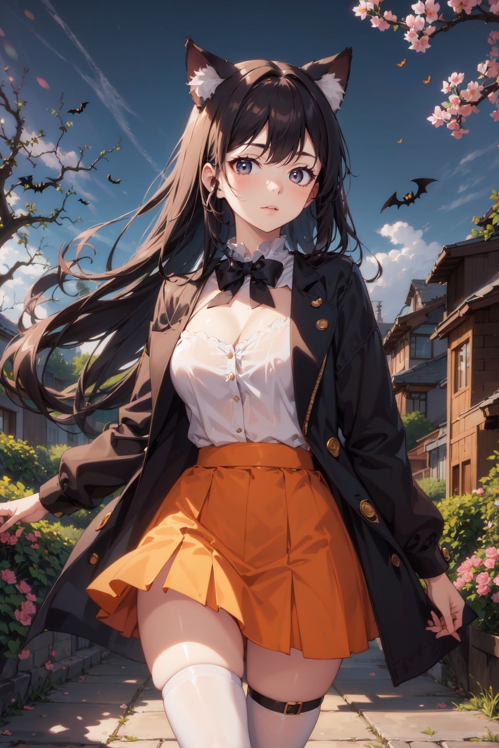 original, (masterpiece), (extremely fine and beautiful), perfect detailed, photorealistic, (beautiful and clear background:1.25), (depth of field:0.7), (1 cute girl stands in the garden:1.1), (cute:1.35), (detailed beautiful eyes:1.3), (beautiful face:1.3), casual, red hair, cat ear, (blue ear:0.8), long hair, coat, short skirt, hair blowing with the wind, (black eye:1.2), flowers, (little girl:0.65), many flowers
