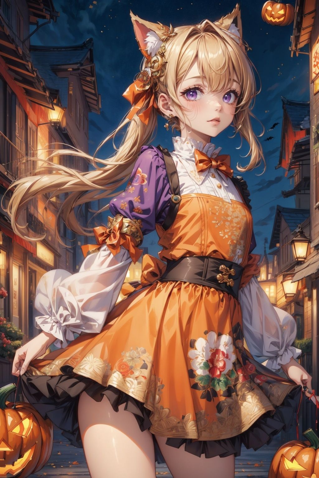  (masutepiece, of the highest quality, Best Quality, Official art, Beautiful and aesthetic:1.2),  a pumpkin on front of a white house at halloweennight, in the style of vibrant stage backdrops, 1 girl, bubble sleeved dress with complex embroidery patterns on it,2d game artnightcore, ue5,large canvas paintings, dark red and lightpurple, detailed facial features