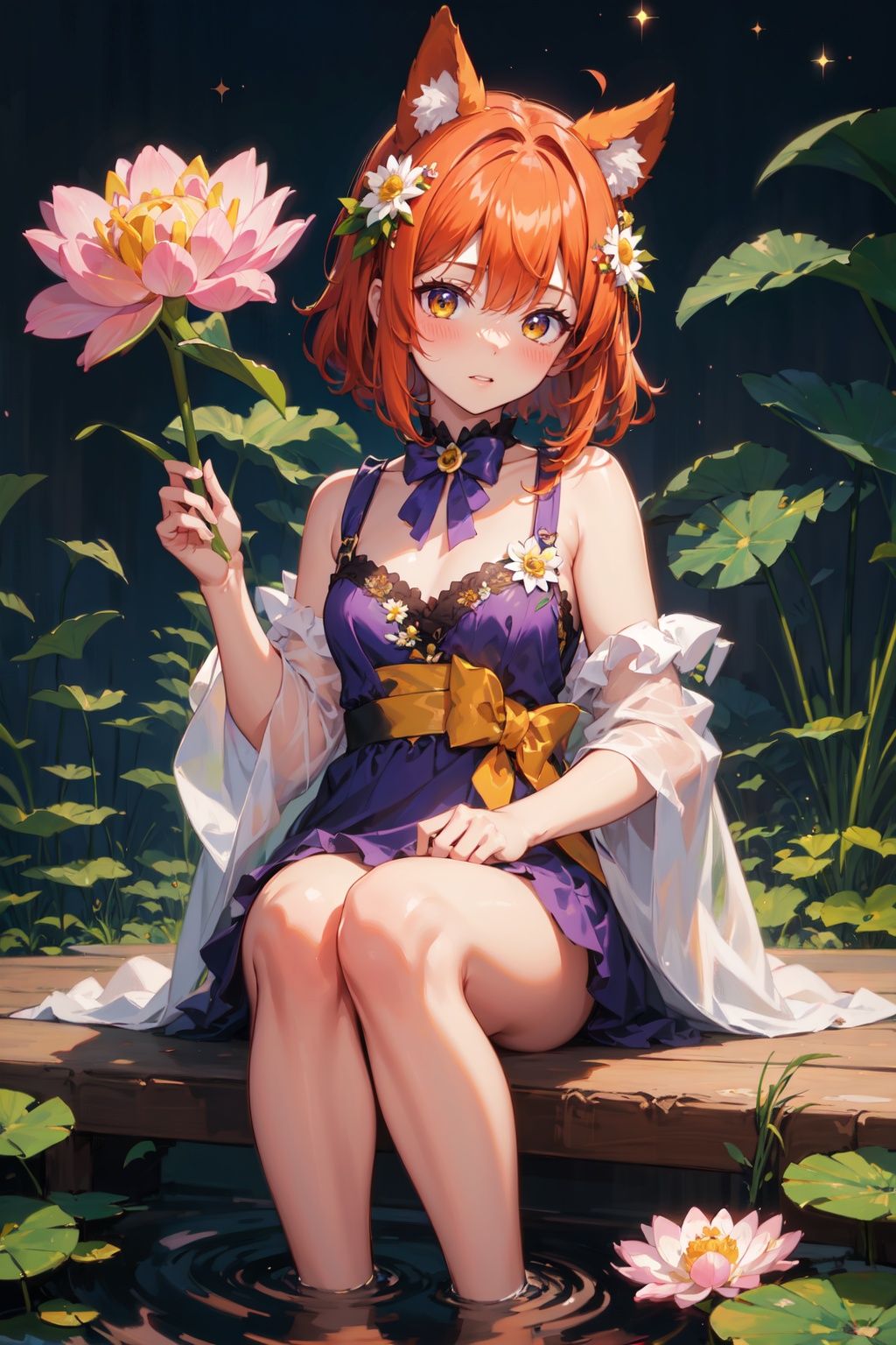 Best quality, masterpiece, best quality,masterpiece,1girl, animal ears, bangs, bare shoulders, blush, daisy, floral background, flower, hair flower, hair ornament, holding flower, leaf, lily \(flower\), lily pad, looking at viewer, lotus, orange flower, pink flower, solo, sparkle, white flower, yellow flower
