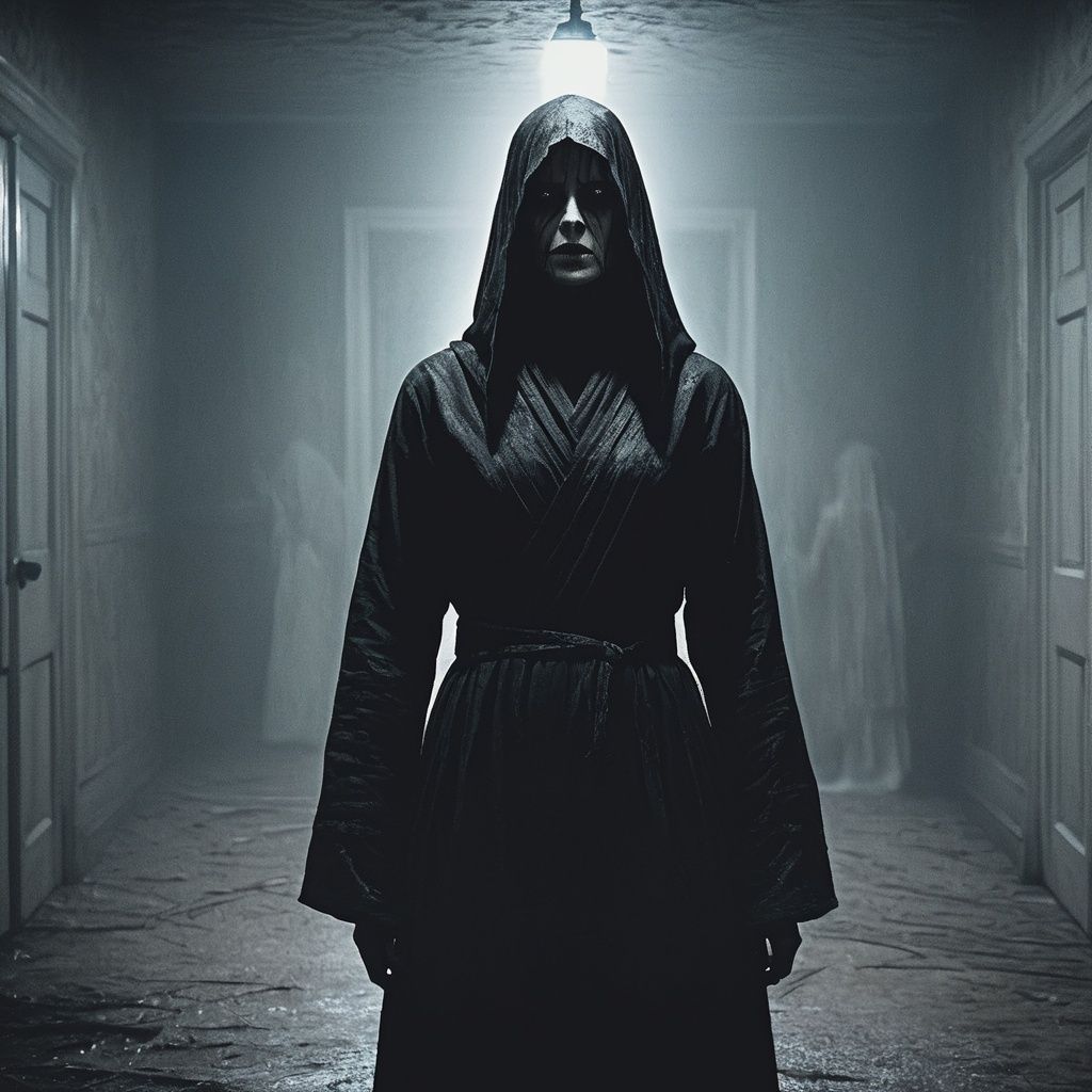 horror-themed masterpiece, 1 girl, Terrible, A gloomy atmosphere, Terror effect, Indoor, Silent Hill, Valak, night <lora:Halloween_V1:0.5>  . eerie, unsettling, dark, spooky, suspenseful, grim, highly detailed