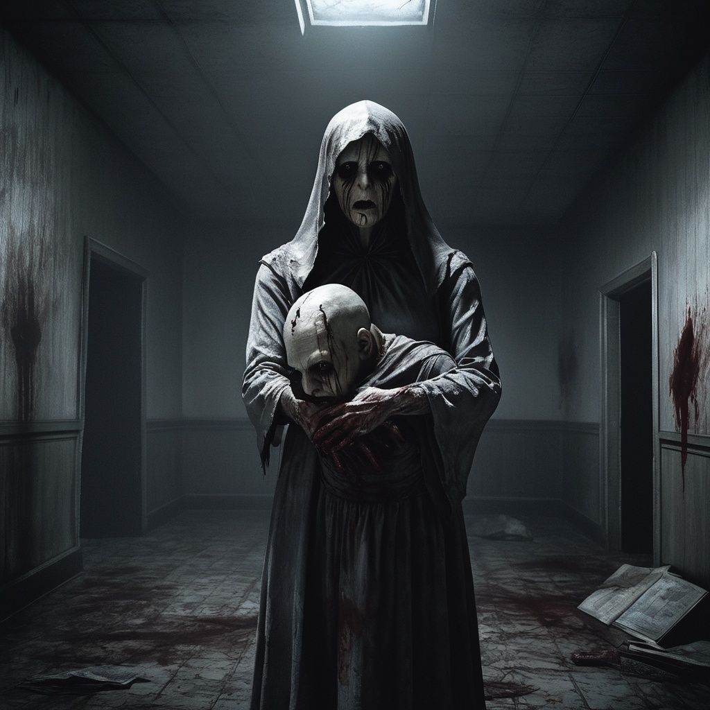 horror-themed masterpiece, 1 girl, Terrible, A gloomy atmosphere, Terror effect, Indoor, Silent Hill, Valak, night, Dilapidated, Gloomy, Madhouse, Holding a human head in his hand, bleeding <lora:Halloween_V1:0.5>  . eerie, unsettling, dark, spooky, suspenseful, grim, highly detailed