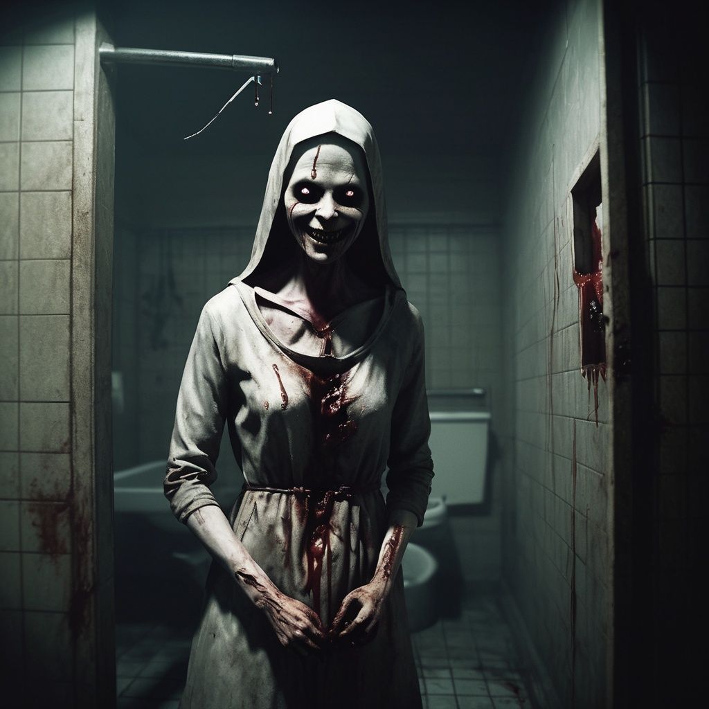 masterpiece, 1 girl, Terrible, A gloomy atmosphere, Terror effect, Indoor, Silent Hill, Valak, night, Dilapidated, Gloomy, Bathroom, Blood on the walls, A weird smile, Broken medical equipment, Gloomy lighting, textured skin, super detail, best quality<lora:Halloween_V1:0.5>