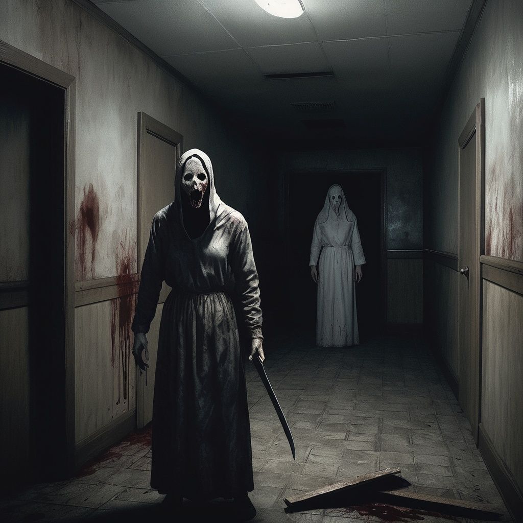 horror-themed masterpiece, 1 girl, Terrible, A gloomy atmosphere, Terror effect, Indoor, Silent Hill, Valak, night, Dilapidated, Gloomy, Madhouse, Holding a human head in his hand, bleeding, one's bloody mouth <lora:Halloween_V1:0.5>  . eerie, unsettling, dark, spooky, suspenseful, grim, highly detailed