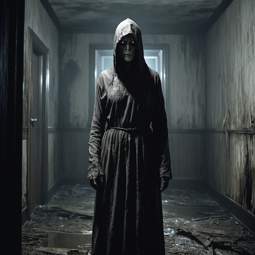 horror-themed masterpiece, 1 girl, Terrible, A gloomy atmosphere, Terror effect, Indoor, Silent Hill, Valak, night, Dilapidated, Gloomy, Madhouse <lora:Halloween_V1:0.5>  . eerie, unsettling, dark, spooky, suspenseful, grim, highly detailed