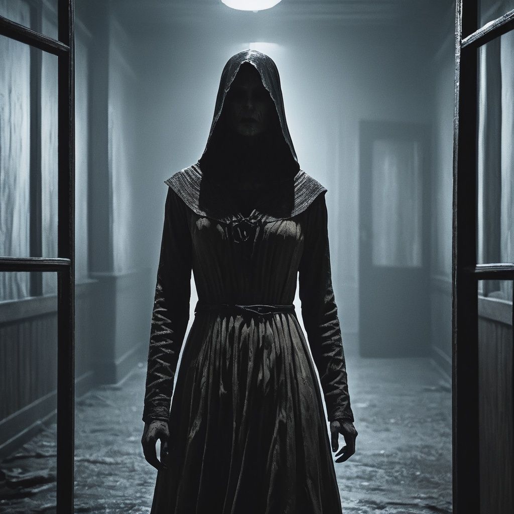 horror-themed masterpiece, 1 girl, Terrible, A gloomy atmosphere, Terror effect, Indoor, Silent Hill, Valak, night <lora:Halloween_V1:0.5>  . eerie, unsettling, dark, spooky, suspenseful, grim, highly detailed