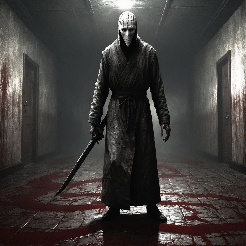 masterpiece, 1 girl, Terrible, A gloomy atmosphere, Terror effect, Indoor, Silent Hill, Valak, night, Dilapidated, Gloomy, Madhouse, Blood on the walls, The dragon is behind him, Rune, textured skin, super detail, best quality<lora:Halloween_V1:0.5>