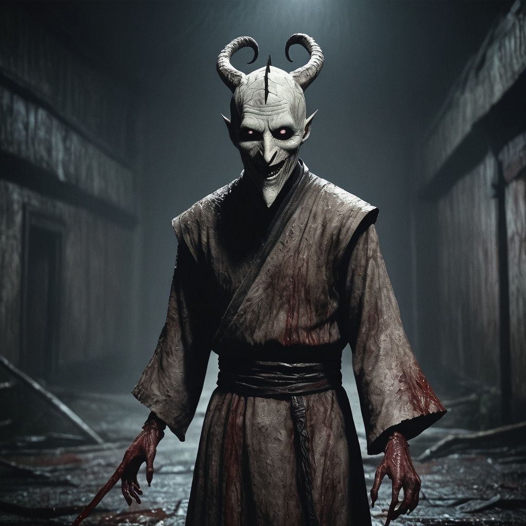 masterpiece, 1 girl, Terrible, A gloomy atmosphere, Terror effect, Indoor, Silent Hill, Valak, night, Dilapidated, Gloomy, Madhouse, Blood on the walls, The dragon is behind him, Rune, A weird smile, textured skin, super detail, best quality<lora:Halloween_V1:0.5>