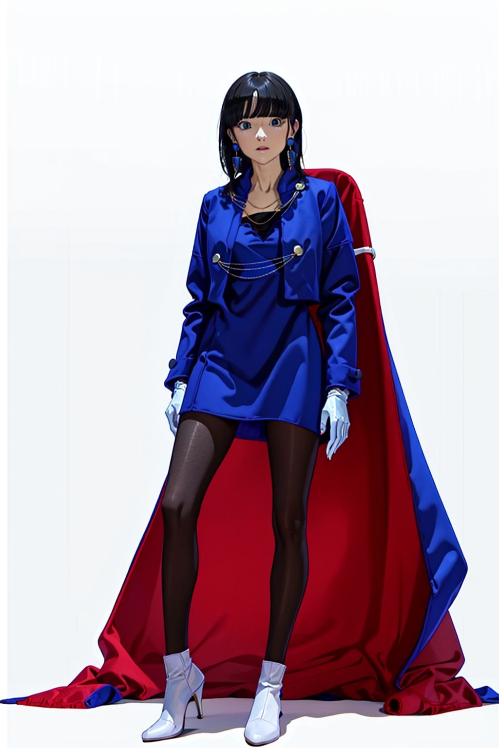  (masterpiece:1.3), (the best quality:1.2), (super fine illustrations:1.2), (Masterpiece), high quality, high detail,((white background:1.2)), looking at viewer, (SOLO:1.4),outline,,simple background,collarbone,ornament, high heels, jacket, dress, blue dress, kneehighs,earrings,chain-link,jewelry,((((blue jacket,blue coat)))),uniform,white footwear,necklace,boots,skirt,white gloves