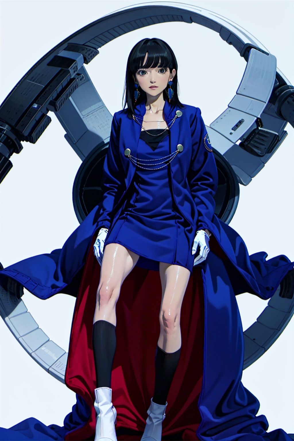  (masterpiece:1.3), (the best quality:1.2), (super fine illustrations:1.2), (Masterpiece), high quality, high detail,((white background:1.2)), looking at viewer, (SOLO:1.4),outline,,simple background,collarbone,ornament, high heels, jacket, dress, blue dress, kneehighs,earrings,chain-link,jewelry,((((blue jacket,blue coat)))),uniform,white footwear,necklace,boots,skirt,white gloves