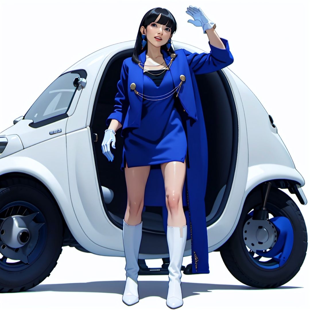 (masterpiece:1.3), (the best quality:1.2), (super fine illustrations:1.2), (Masterpiece), high quality, high detail,((white background:1.2)), looking at viewer, (SOLO:1.4),outline,,simple background,collarbone,ornament, high heels, jacket, dress, blue dress, kneehighs,earrings,chain-link,jewelry,((((blue jacket,blue coat)))),uniform,white footwear,necklace,boots,skirt,white gloves