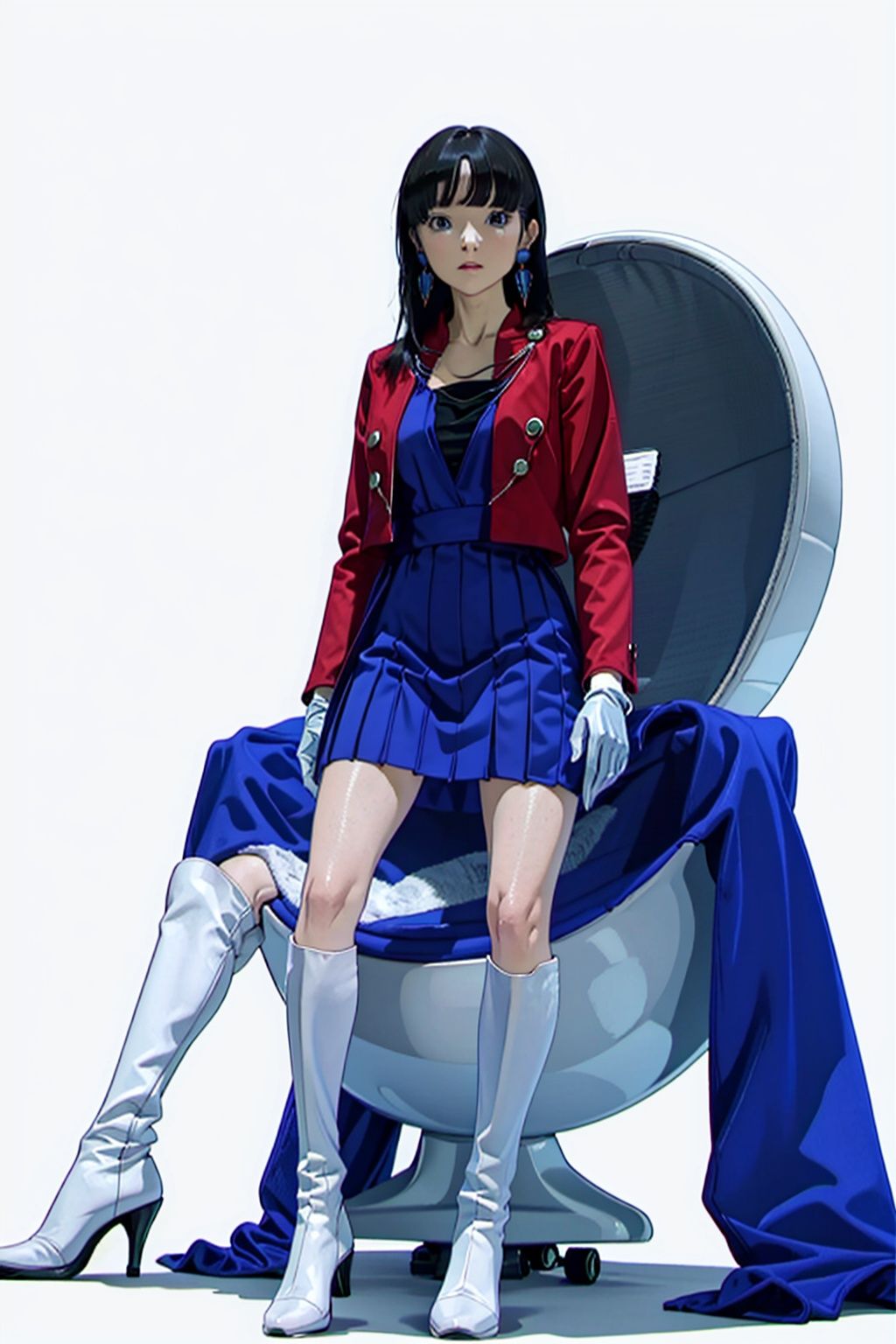  (masterpiece:1.3), (the best quality:1.2), (super fine illustrations:1.2), (Masterpiece), high quality, high detail,((white background:1.2)), looking at viewer, (SOLO:1.4),outline,,simple background,collarbone,ornament, high heels, jacket, dress, blue dress, kneehighs,earrings,chain-link,jewelry,blue jacket,blue coat,uniform,white footwear,necklace,boots,skirt,white gloves