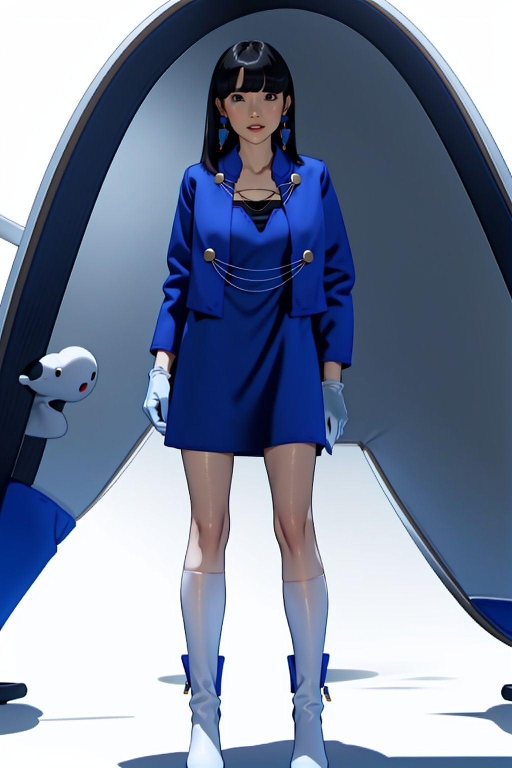 (masterpiece:1.3), (the best quality:1.2), (super fine illustrations:1.2), (Masterpiece), high quality, high detail,((white background:1.2)), looking at viewer, (SOLO:1.4),outline,,simple background,collarbone,ornament, high heels, jacket, dress, blue dress, kneehighs,earrings,chain-link,jewelry,((((blue jacket,blue coat)))),uniform,white footwear,necklace,boots,skirt,white gloves