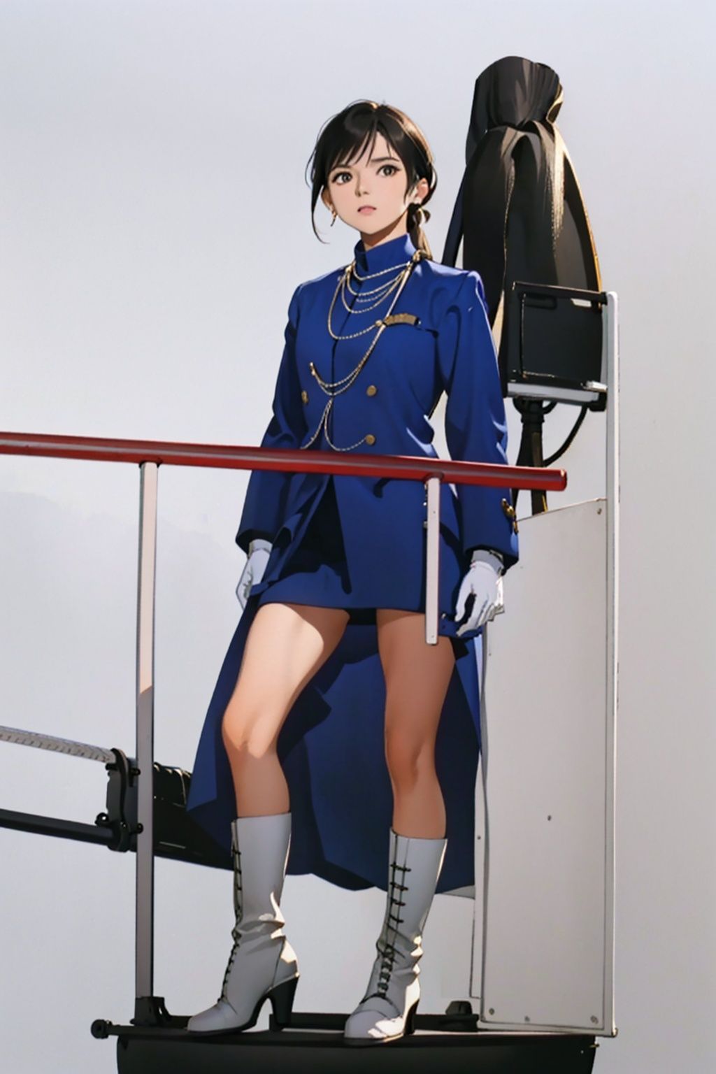  (masterpiece:1.3), (the best quality:1.2), (super fine illustrations:1.2), (Masterpiece), high quality, high detail,((white background:1.2)), looking at viewer, (SOLO:1.4),outline,,simple background,cross necklace, jacket, choker,earrings,chain-link,jewelry,blue jacket,blue coat,uniform,white footwear,necklace,boots,blue skirt,white gloves