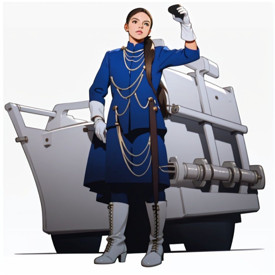 (masterpiece:1.3), (the best quality:1.2), (super fine illustrations:1.2), (Masterpiece), high quality, high detail,((white background:1.2)), looking at viewer, (SOLO:1.4),outline,,simple background,cross necklace, jacket, choker,earrings,chain-link,jewelry,blue jacket,blue coat,uniform,white footwear,necklace,boots,blue skirt,white gloves