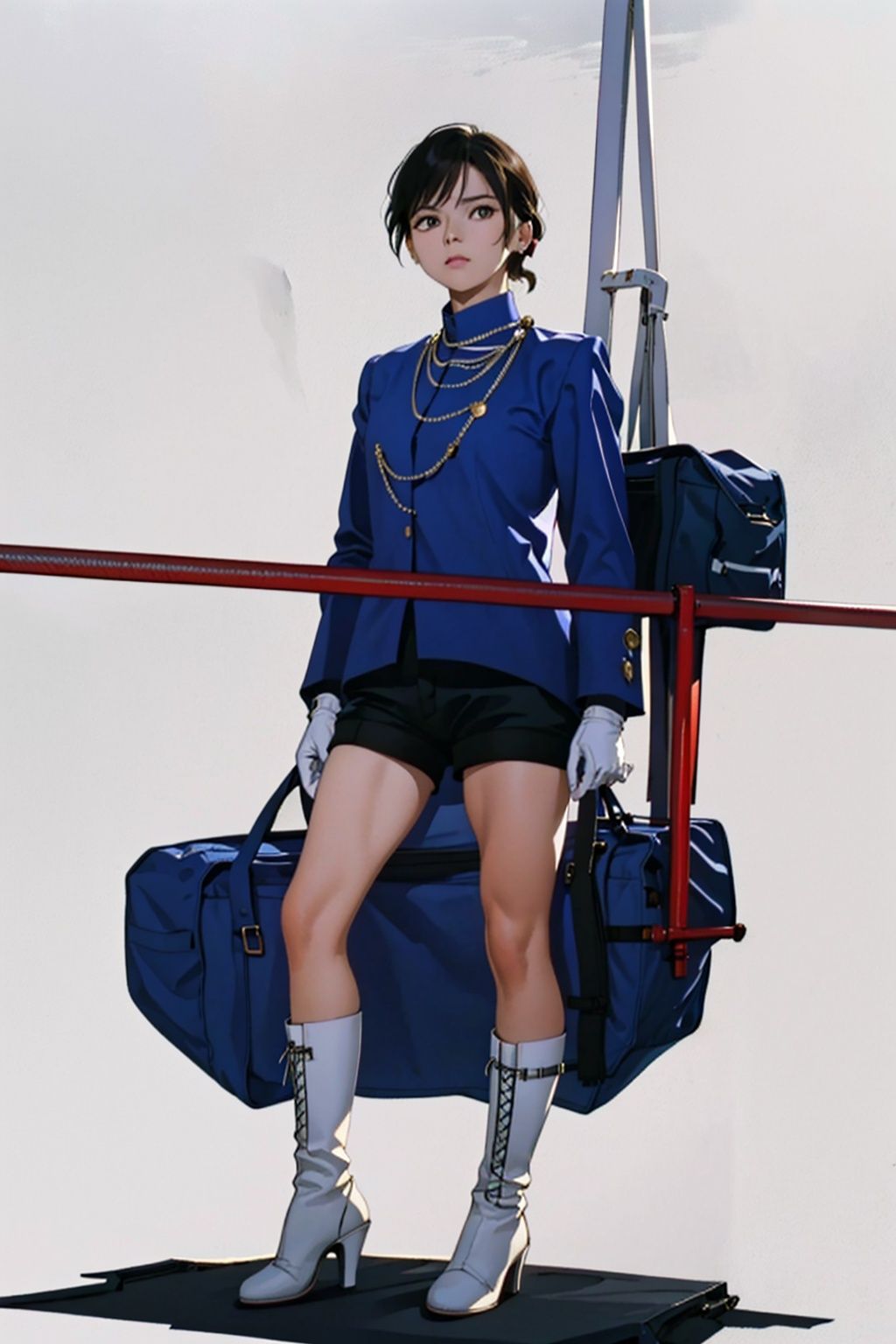  (masterpiece:1.3), (the best quality:1.2), (super fine illustrations:1.2), (Masterpiece), high quality, high detail,((white background:1.2)), looking at viewer, (SOLO:1.4),outline,,simple background,cross necklace, jacket, shorts, choker,earrings,chain-link,jewelry,blue jacket,blue coat,uniform,white footwear,necklace,boots,skirt,white gloves