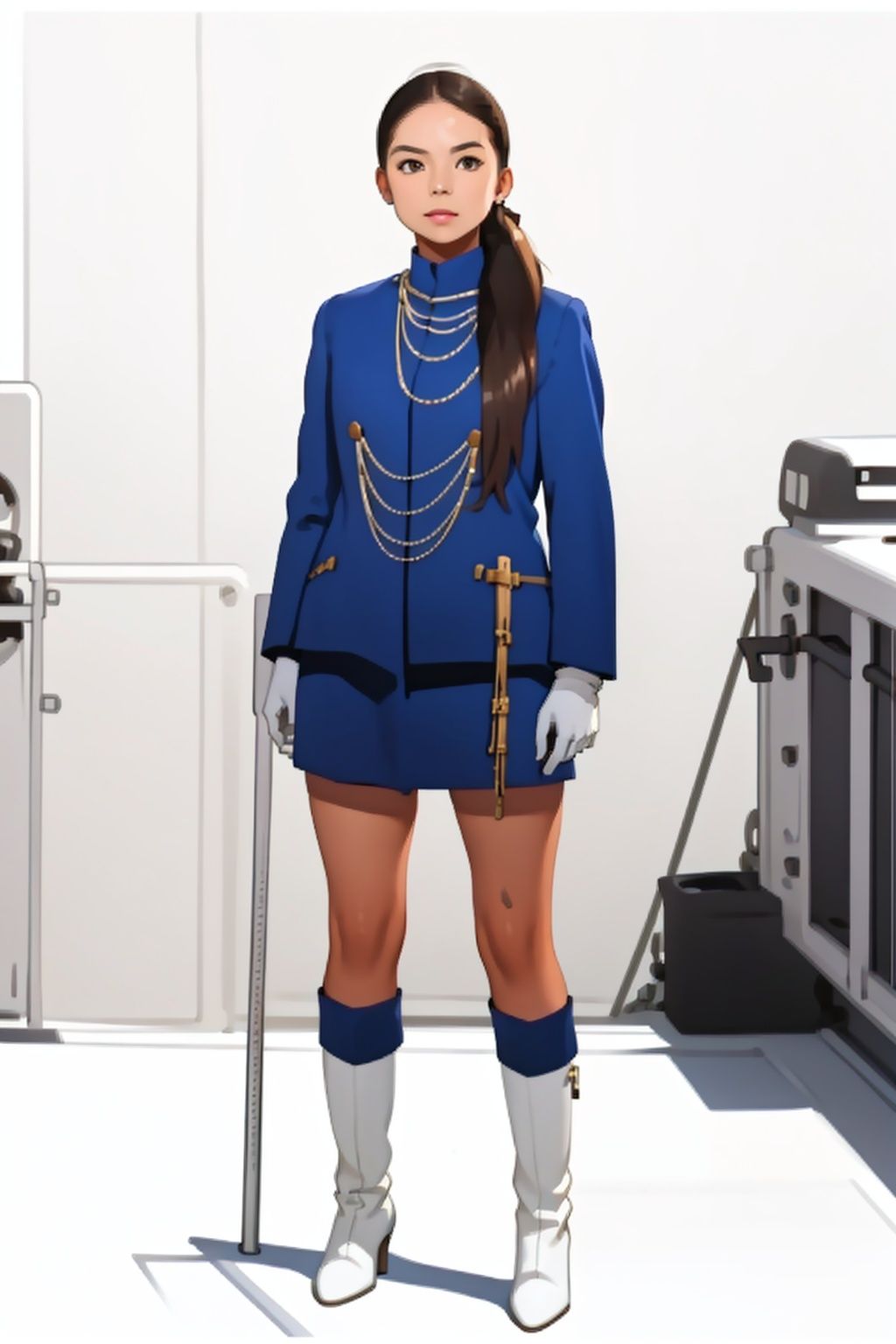 (masterpiece:1.3), (the best quality:1.2), (super fine illustrations:1.2), (Masterpiece), high quality, high detail,((white background:1.2)), looking at viewer, (SOLO:1.4),outline,,simple background,cross necklace, jacket, choker,earrings,chain-link,jewelry,blue jacket,blue coat,uniform,white footwear,necklace,boots,blue skirt,white gloves